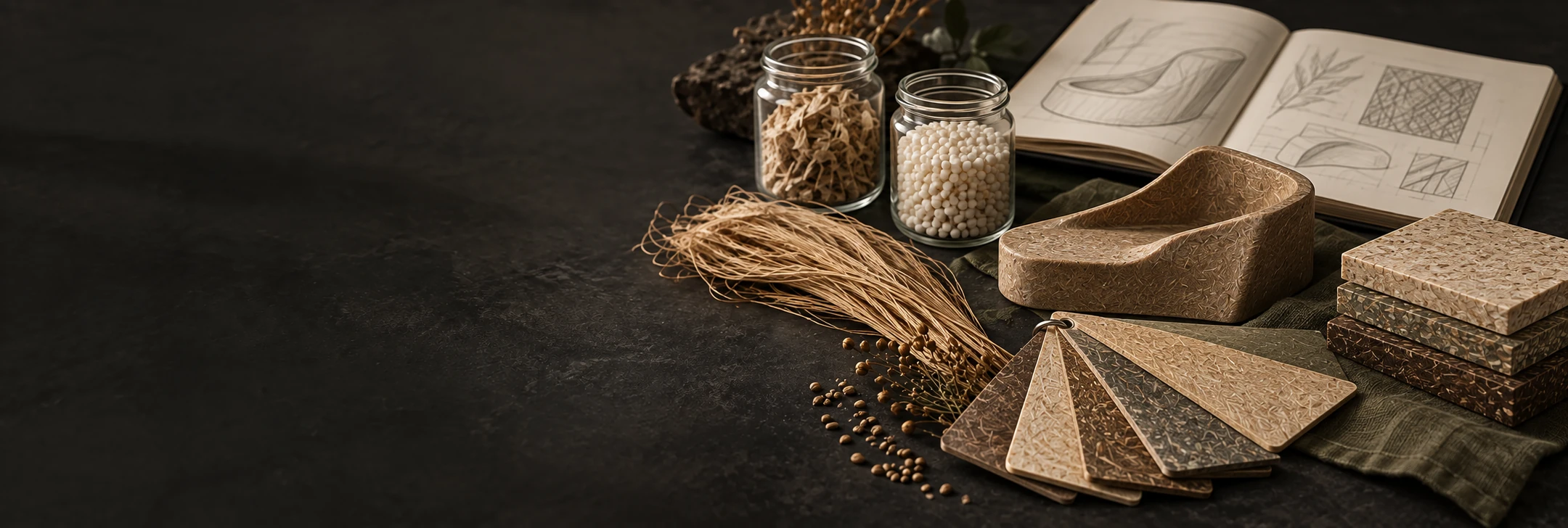 Plant-fiber composite swatches, natural fibers, pellet jars, a molded prototype and an open design sketchbook