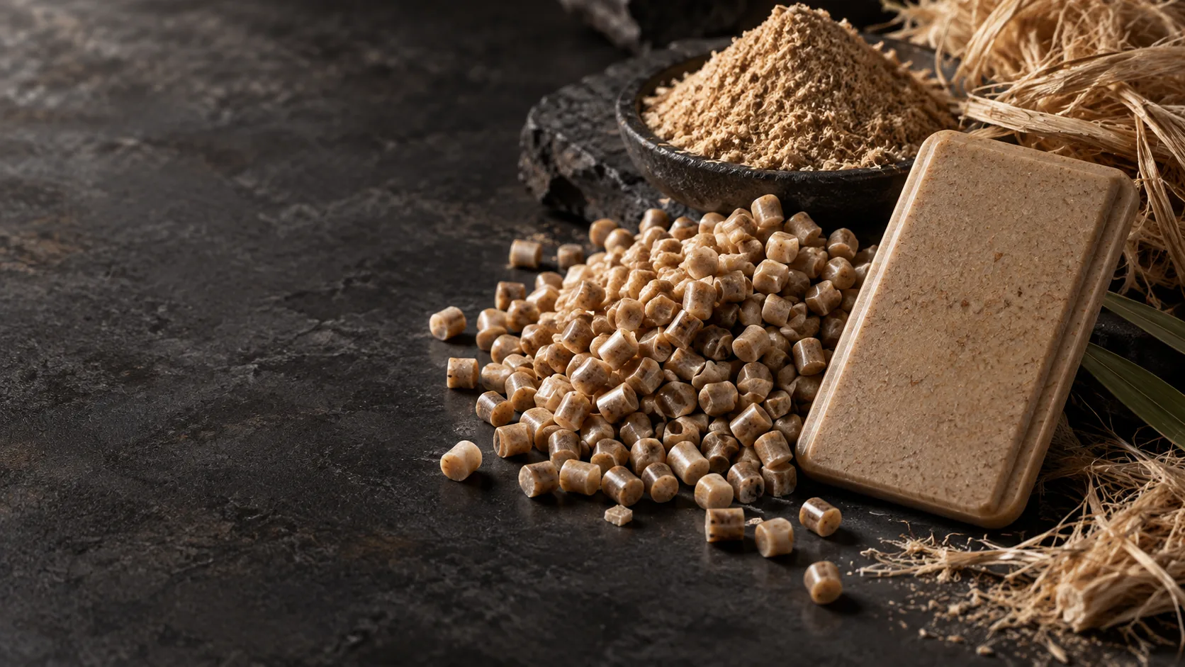Plant fiber powder, composite pellets and molded sample plaque