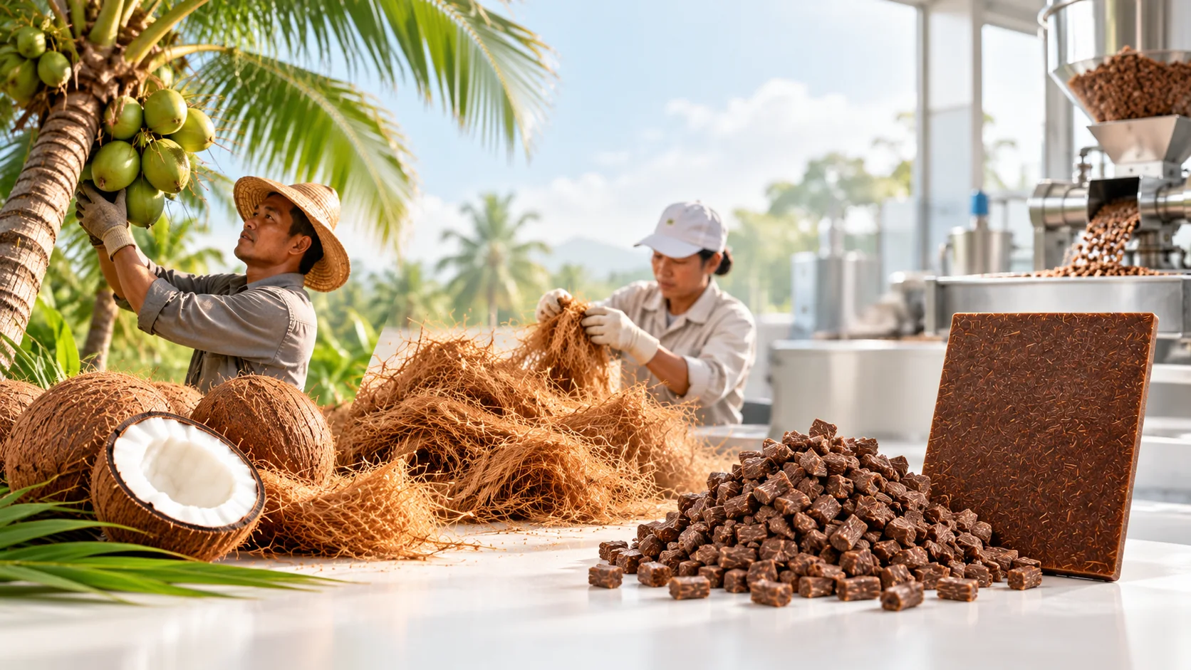 Coconut coir fiber journey from palm grove to factory: husks and coir beside brown masterbatch pellets and a molded plaque