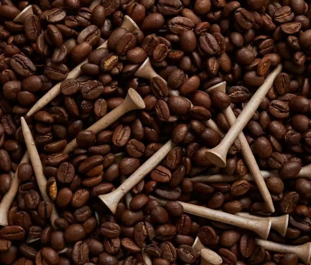 Coffee-colored golf tees arranged among roasted coffee beans