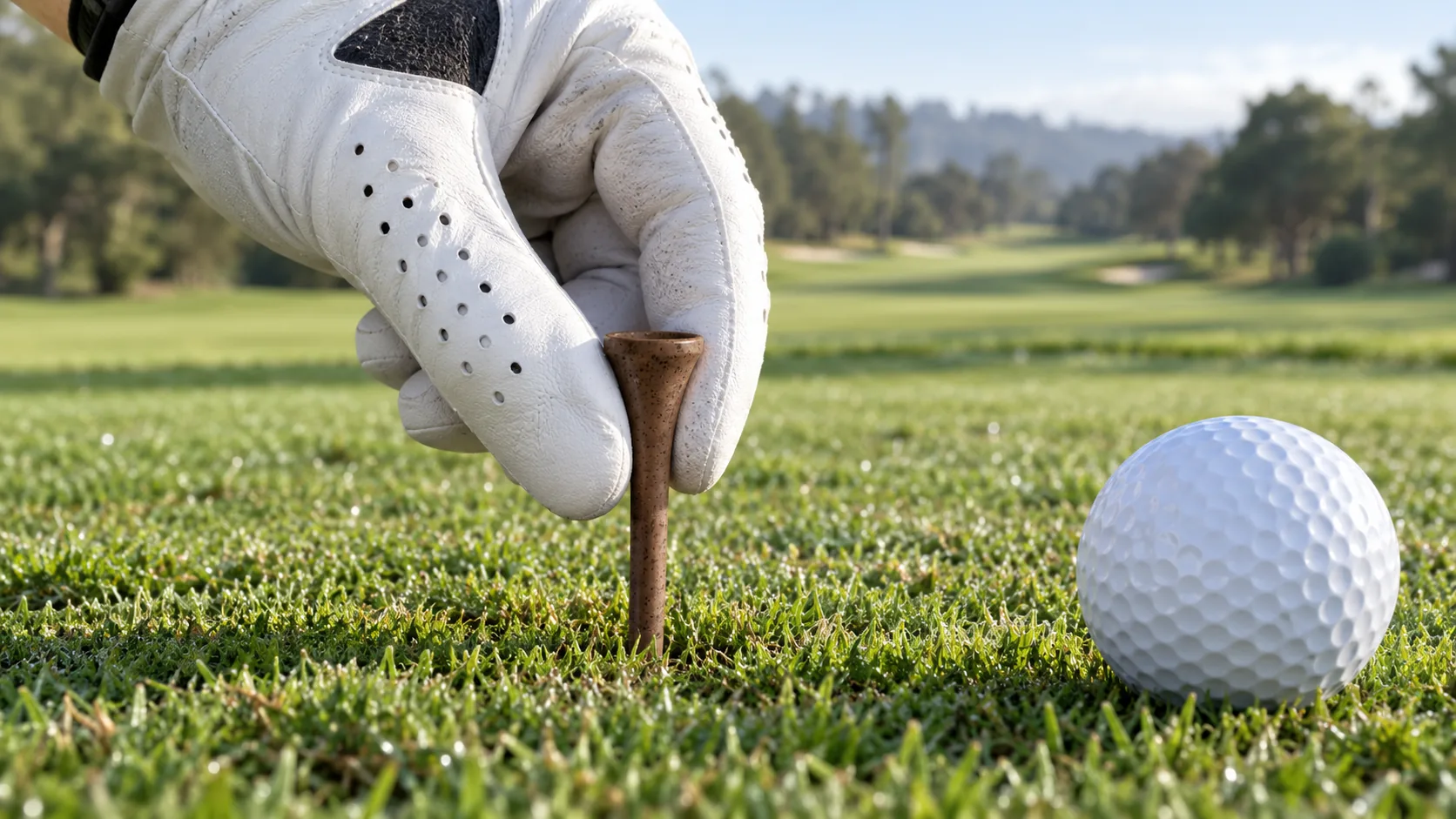 Golfer placing a coffee-ground PP golf tee into real course turf