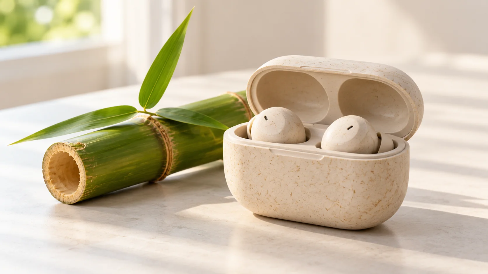 Open bamboo-fiber composite Bluetooth earbud case beside fresh bamboo in natural daylight