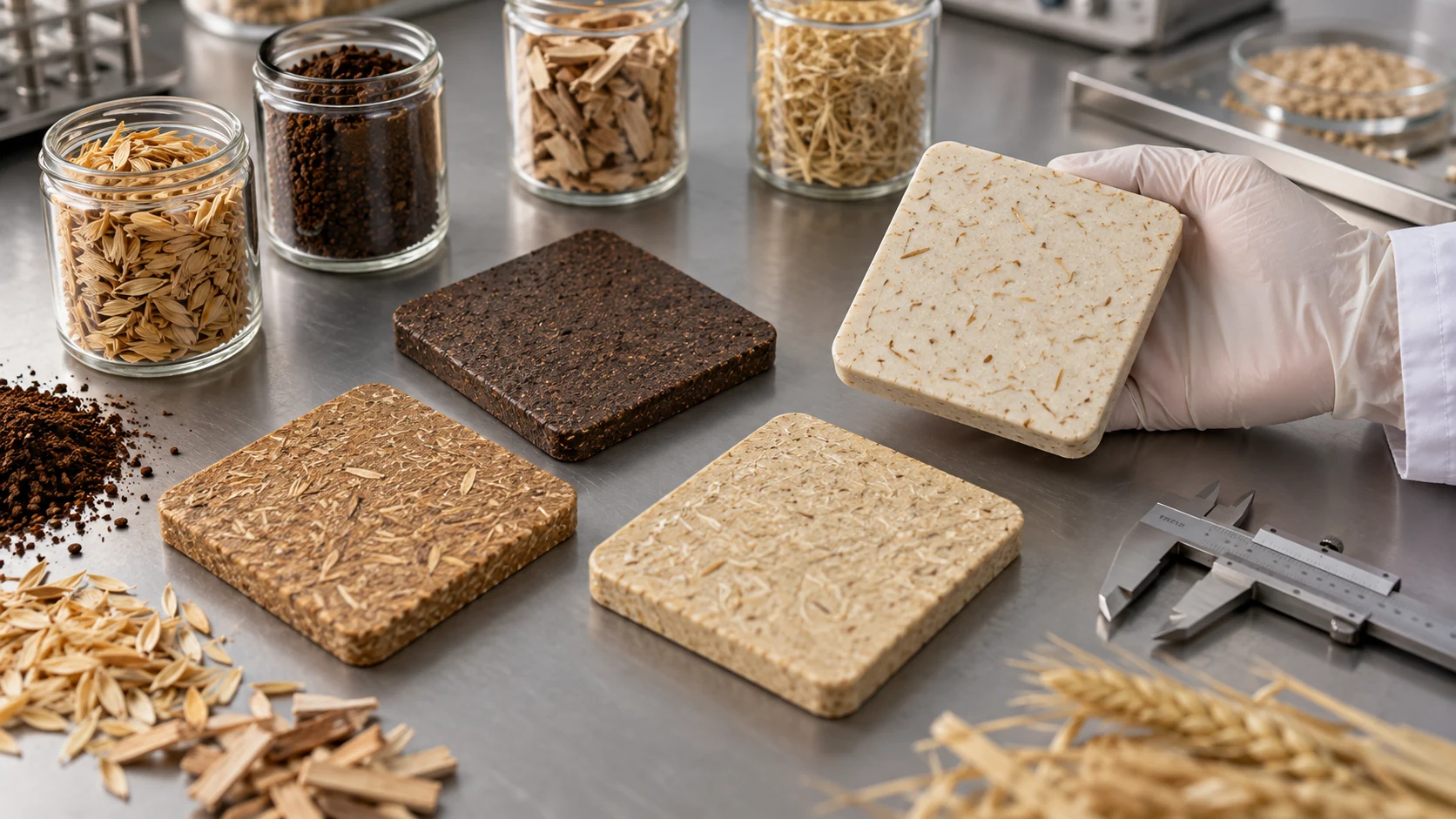 Plant-fiber composite plaques and feedstocks examined on a laboratory bench