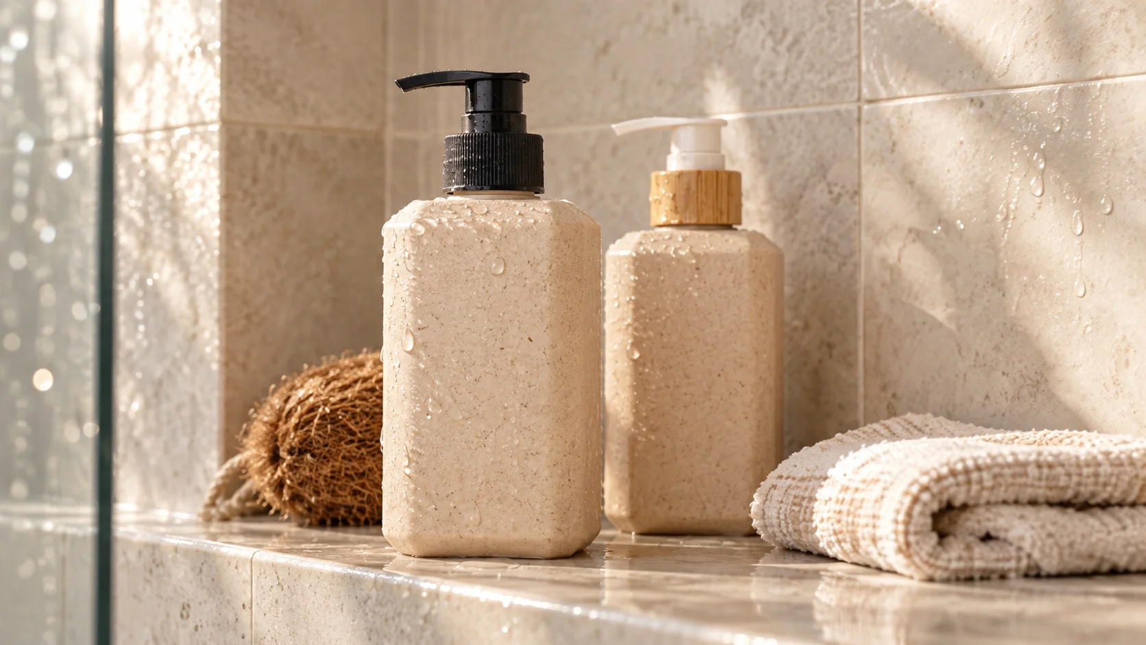 Plant-fiber composite PE shampoo and conditioner bottles in a real shower niche