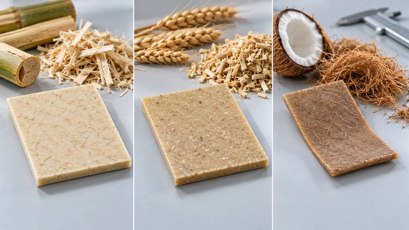Comparaison illustrative à trois voies de plaques-éprouvettes en ABS au bambou, PP à paille de blé et PE à fibre de coco, avec des fibres végétales