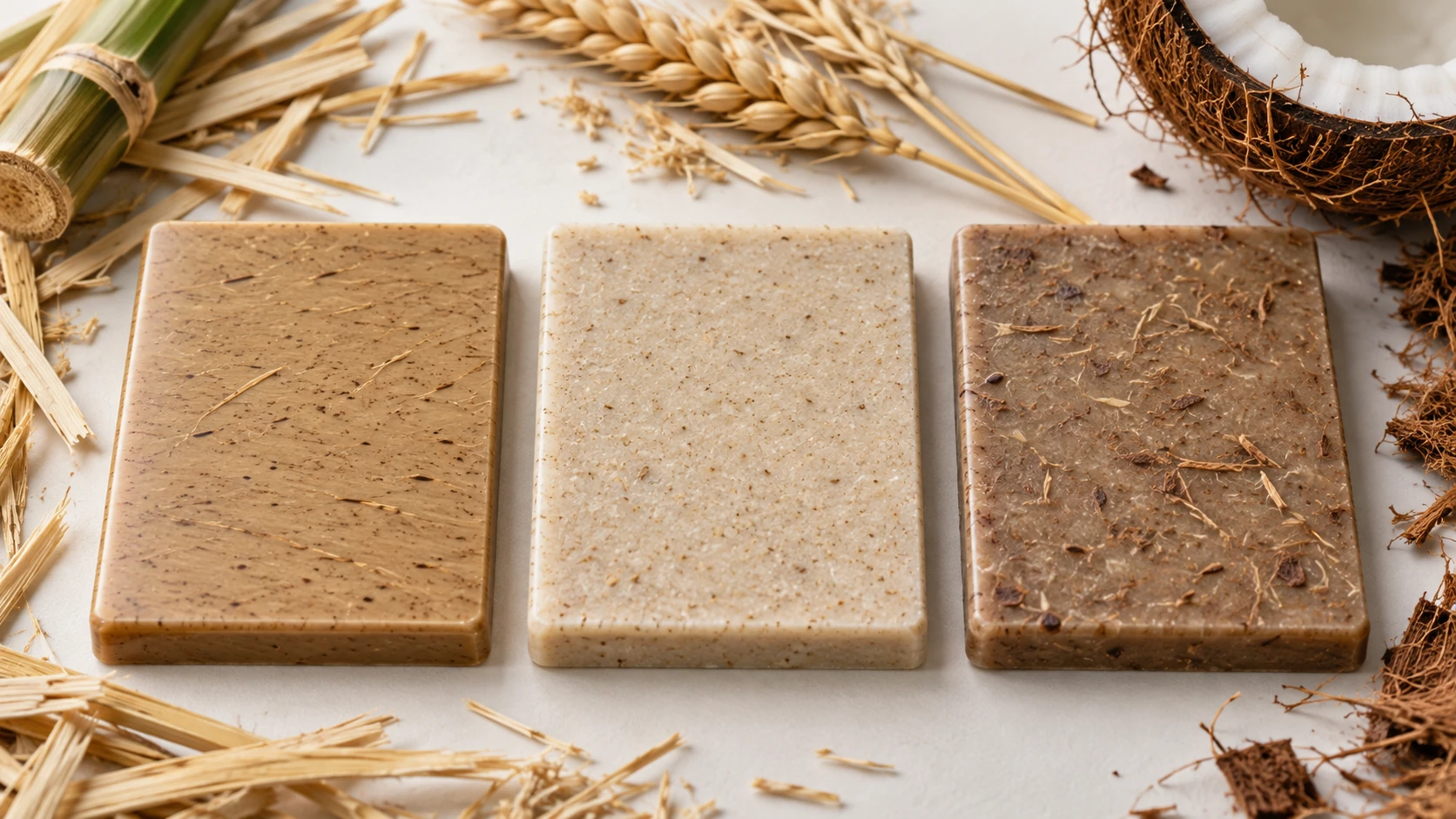 Trois éprouvettes à fibres végétales de taille égale sur une table de laboratoire claire, montrant la surface fine de l'ABS, le grain cireux du PP et la texture plus douce du PE