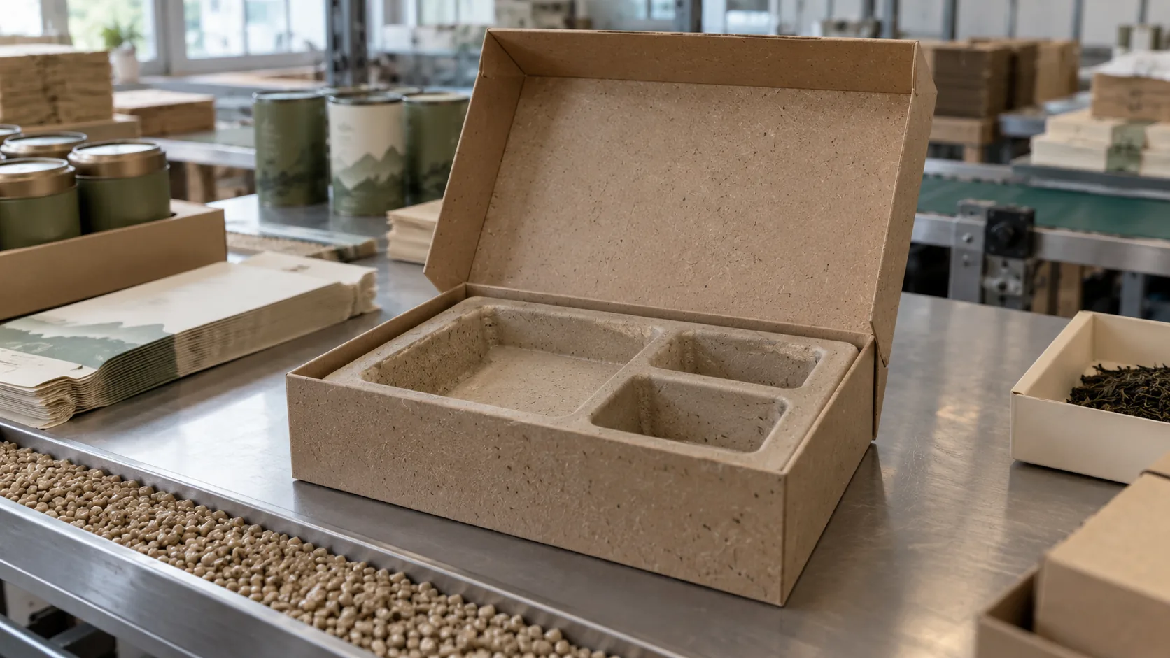 Open tea packaging box with a speckled tea-fiber PP insert and matching masterbatch pellets