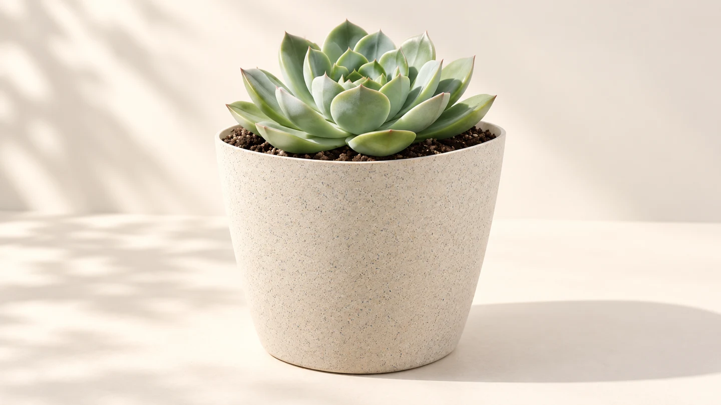 Succulent planted in a light speckled cereal fiber composite PP planter