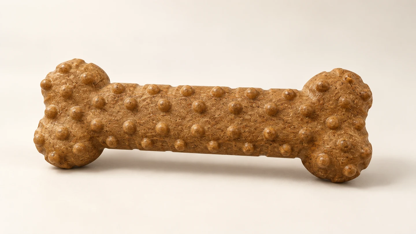 Brown bone-shaped pet chew toy made from coarse red pine fiber composite PP