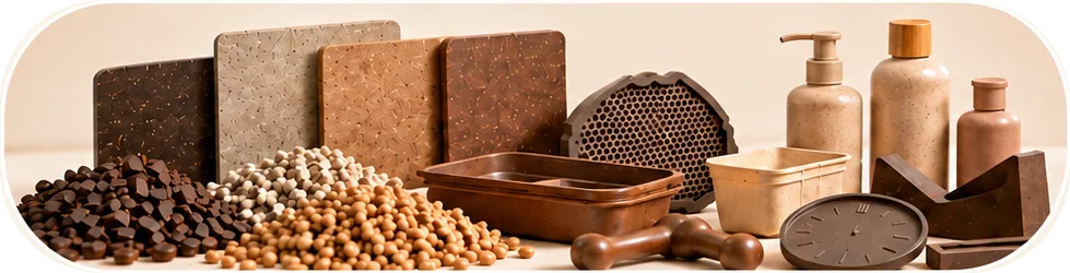 Plant fiber composite pellets, color samples and molded product examples