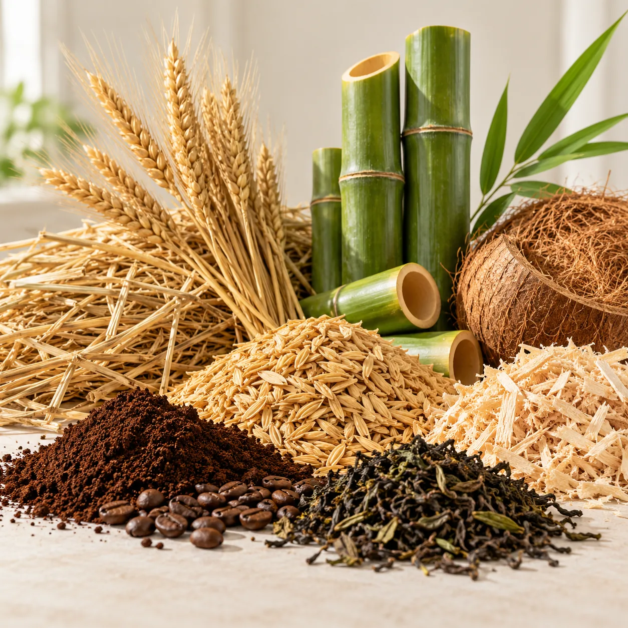 Natural wheat straw, bamboo, coconut coir, rice husks, wood, coffee and tea plant materials