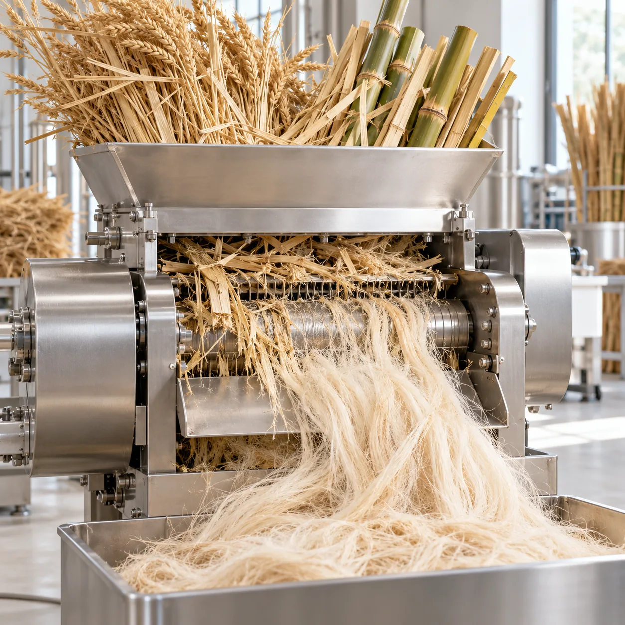 Plant material entering a fiber separation machine with extracted natural fibers emerging