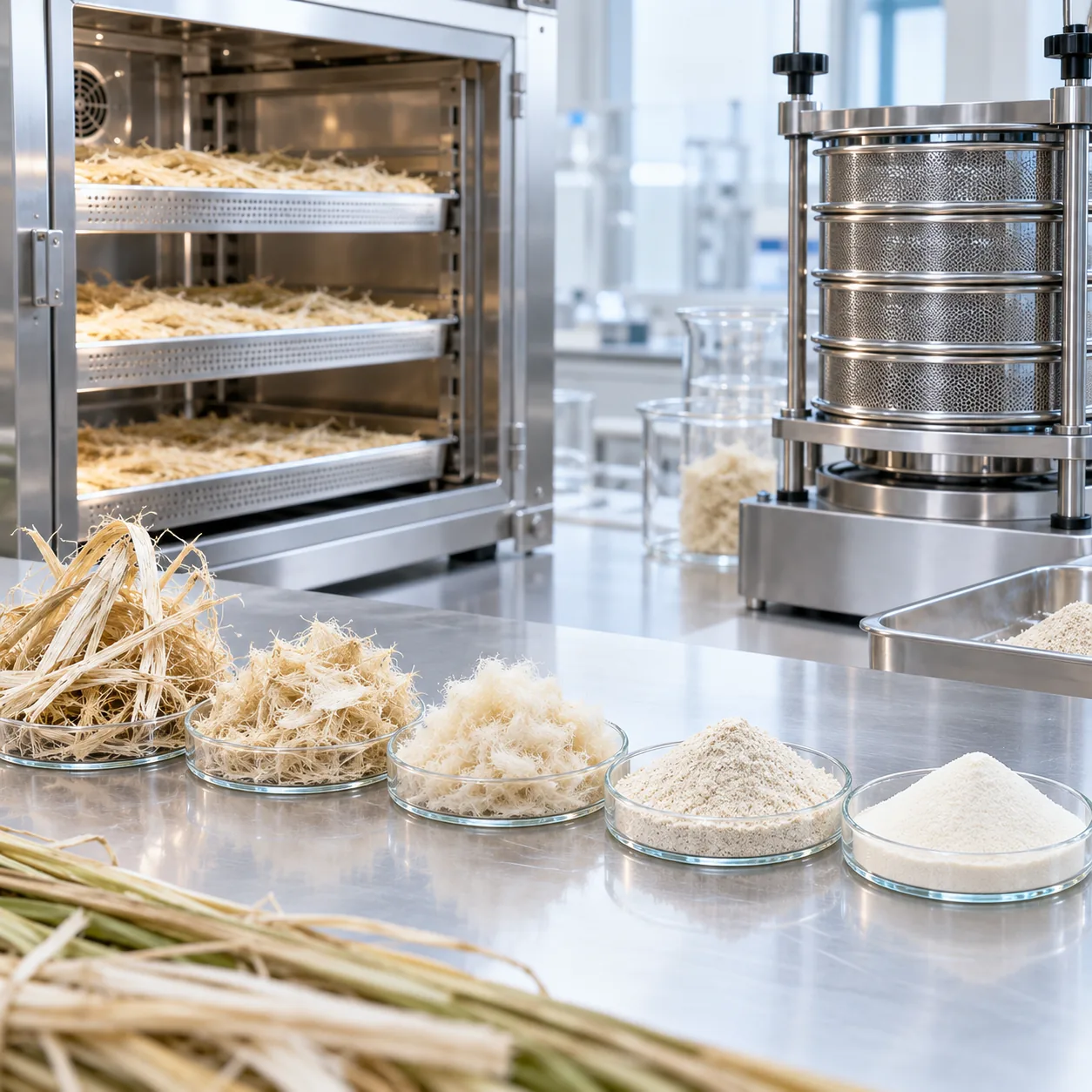 Plant fibers being dried, screened and refined into controlled fiber grades