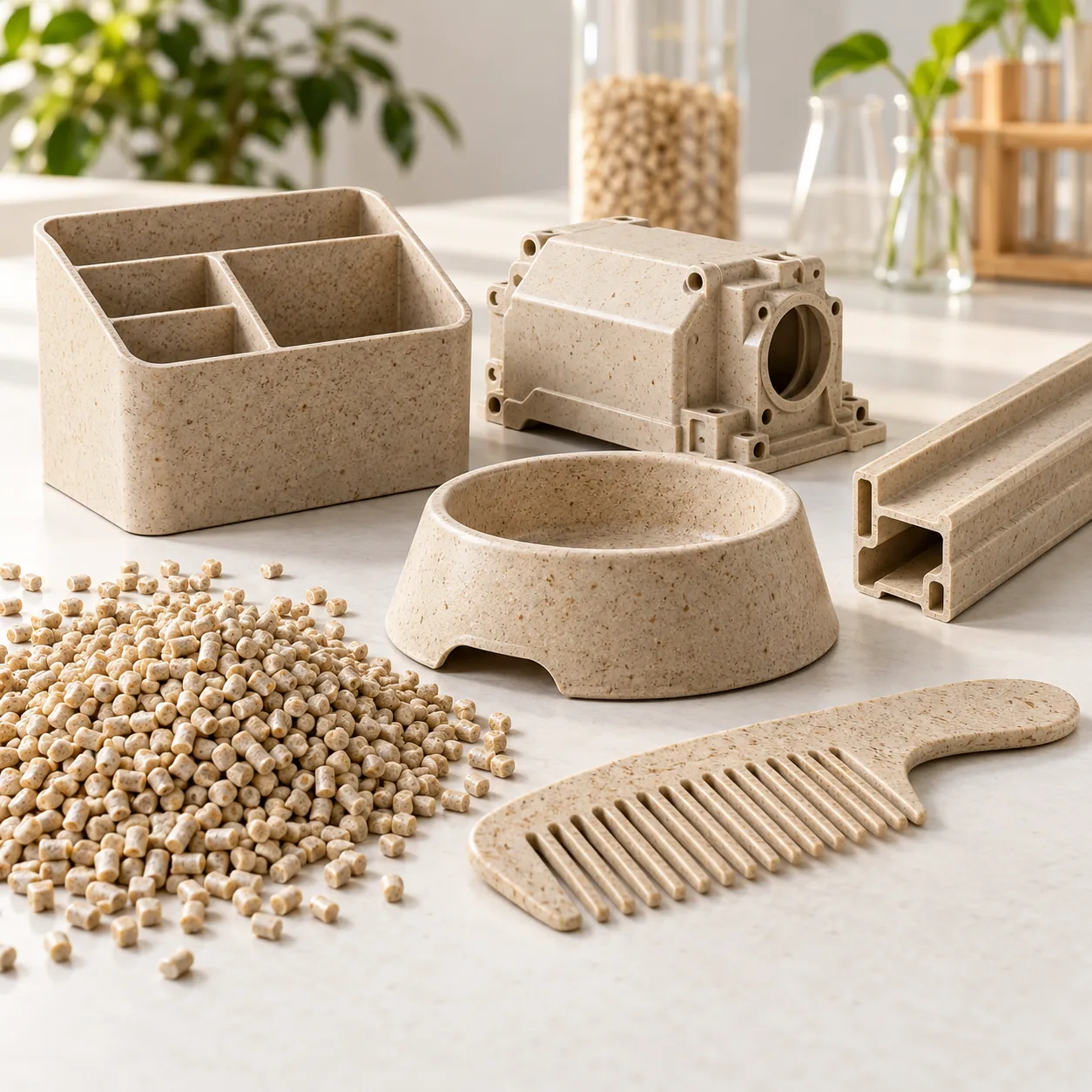 Plant fiber composite pellets with molded household, pet and technical products