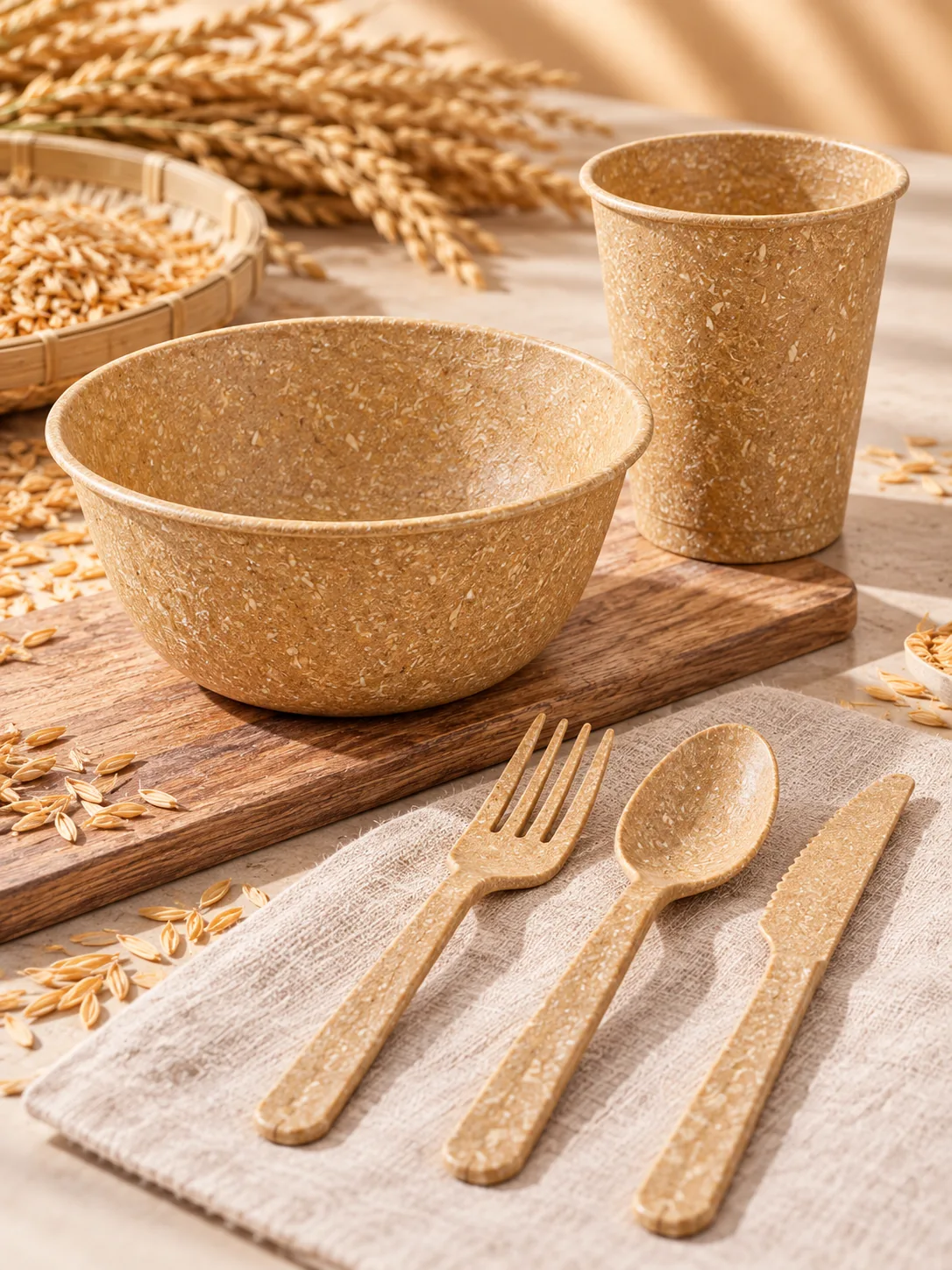 Plant fiber composite disposable cups bowls and cutlery