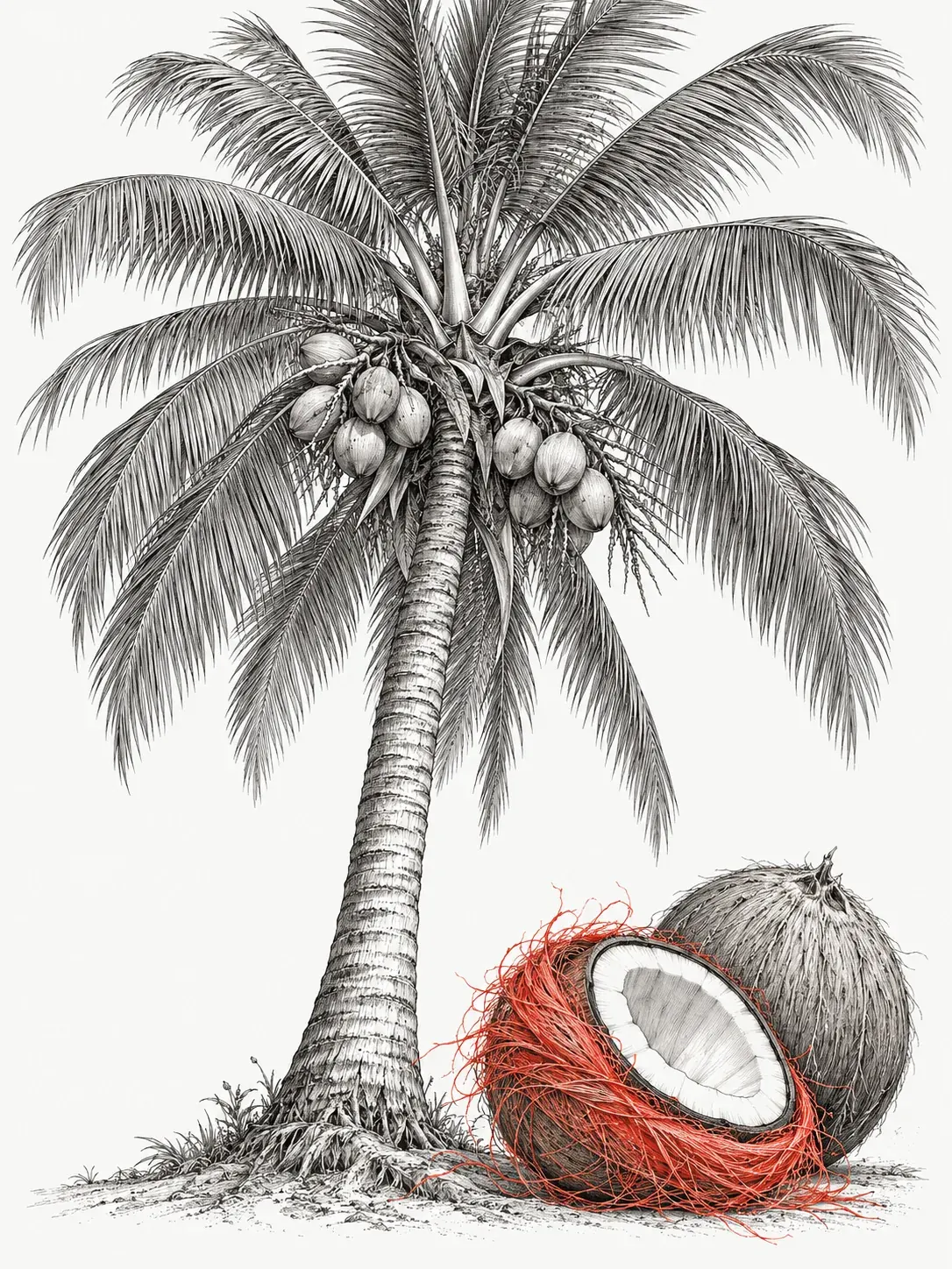 Botanical illustration highlighting coconut coir