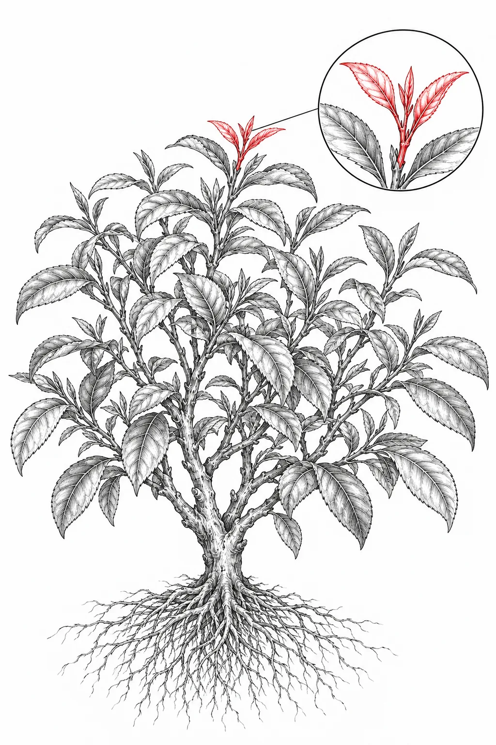 Botanical illustration highlighting Tieguanyin tea shoots and leaves